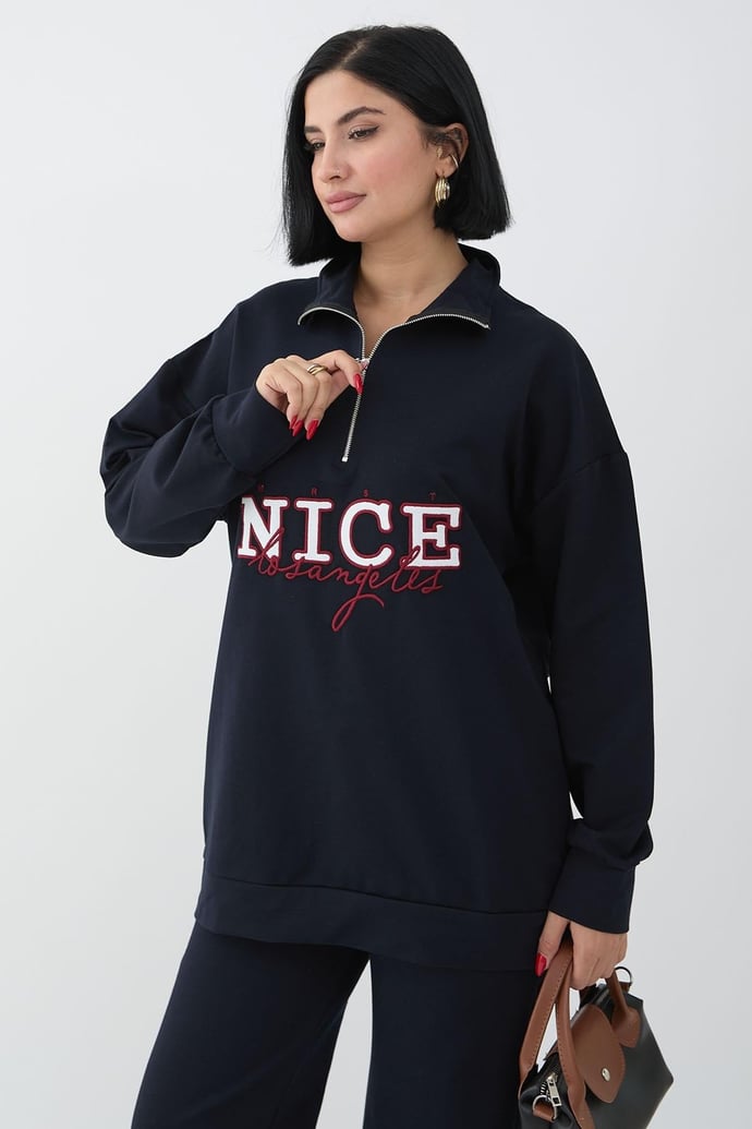 Nice Yazılı Fermuarlı Lacivert İkili Takım