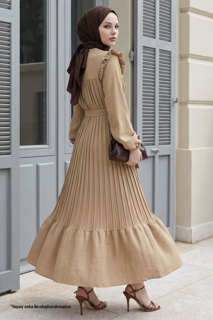 Off-Shoulder Frilled Pleated Camel Linen Dress