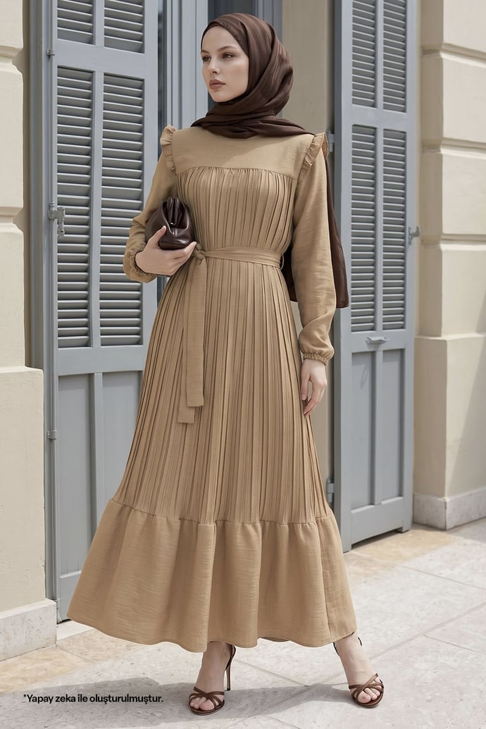 Off-Shoulder Frilled Pleated Camel Linen Dress
