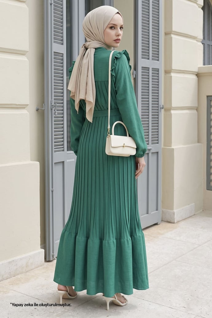Off-Shoulder Frilled Pleated Green Linen Dress