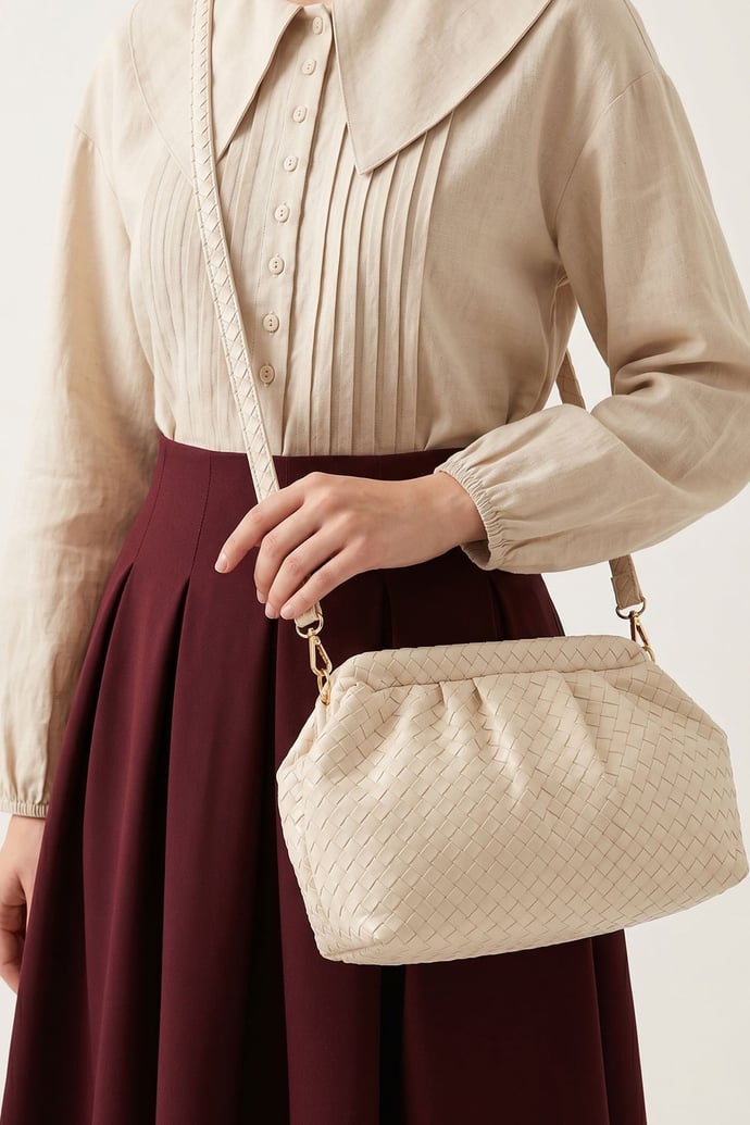 Örgü Desen Dokulu Krem Clutch Çanta