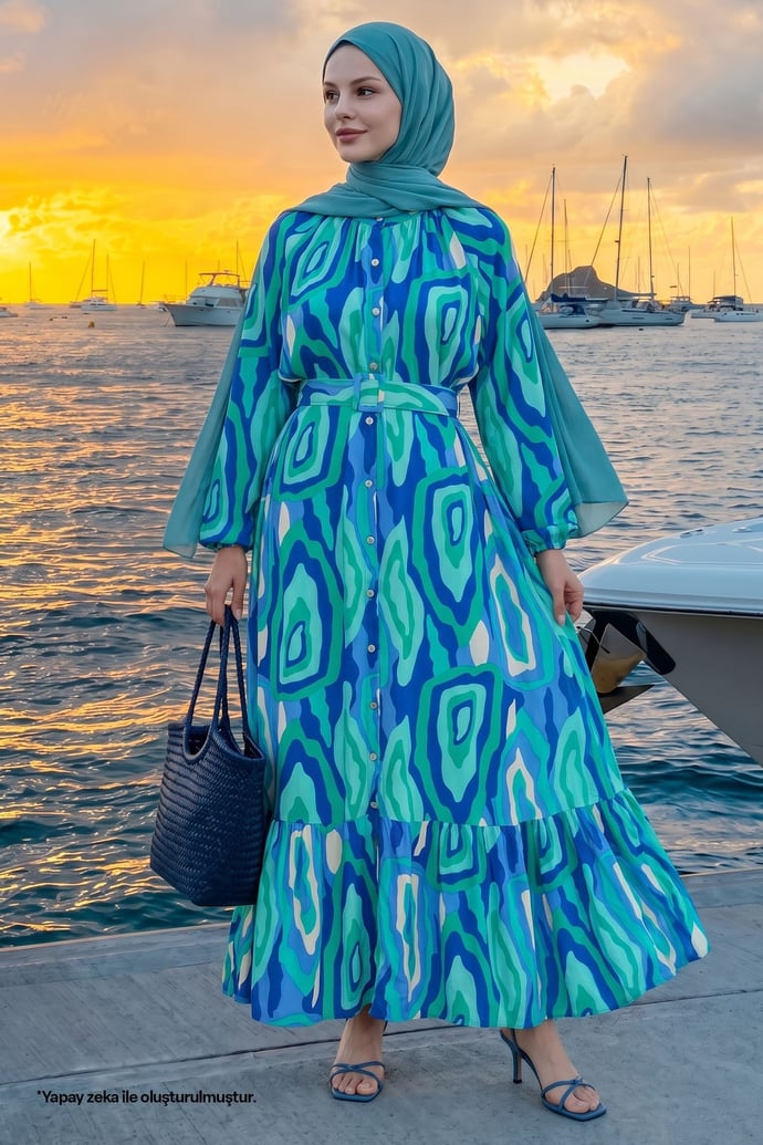 Oval Striped Belted Green Viscose Dress