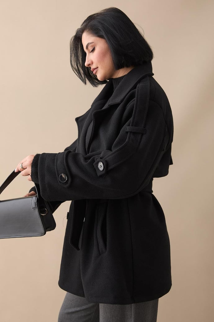 Oversize Kaşe Kumaş Siyah Kısa Kaban