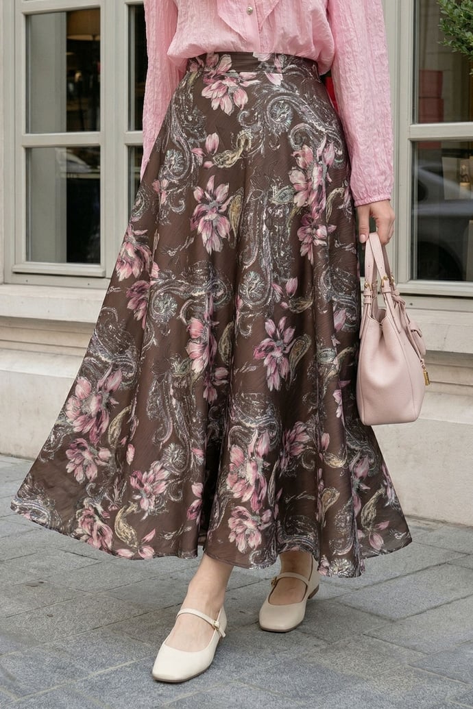 Paisley Desen Şifon Saten Etek Kahverengi