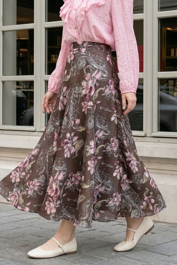 Paisley Desen Şifon Saten Etek Kahverengi