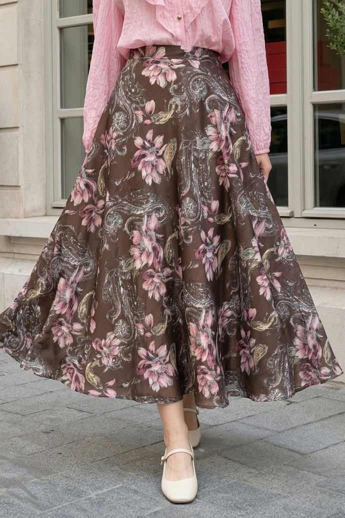 Paisley Desen Şifon Saten Etek Kahverengi