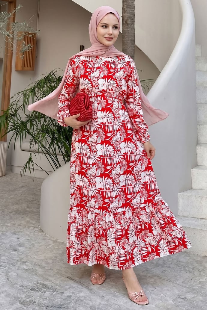 Palm Leaf Print Red Viscose Dress