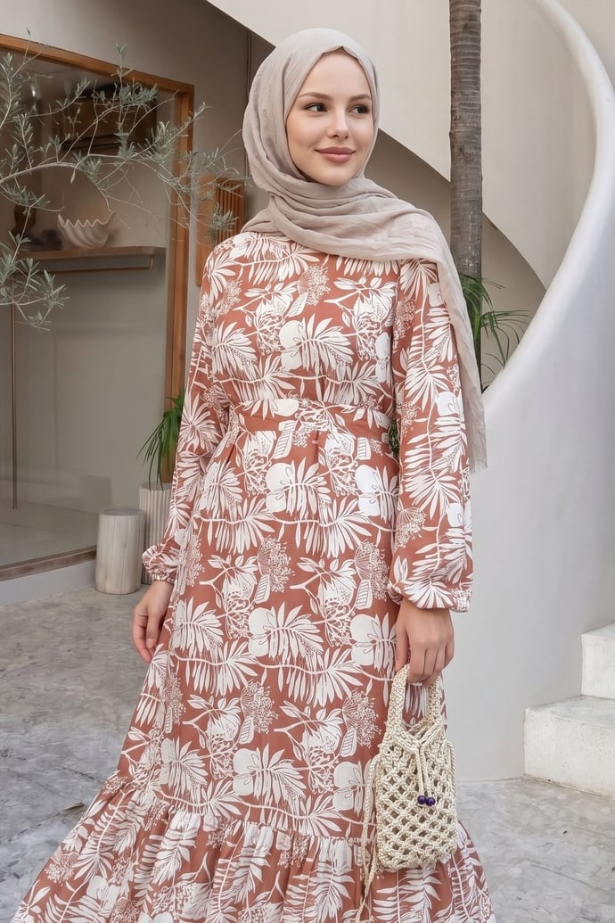 Palm Leaf Print Salmon Viscose Dress