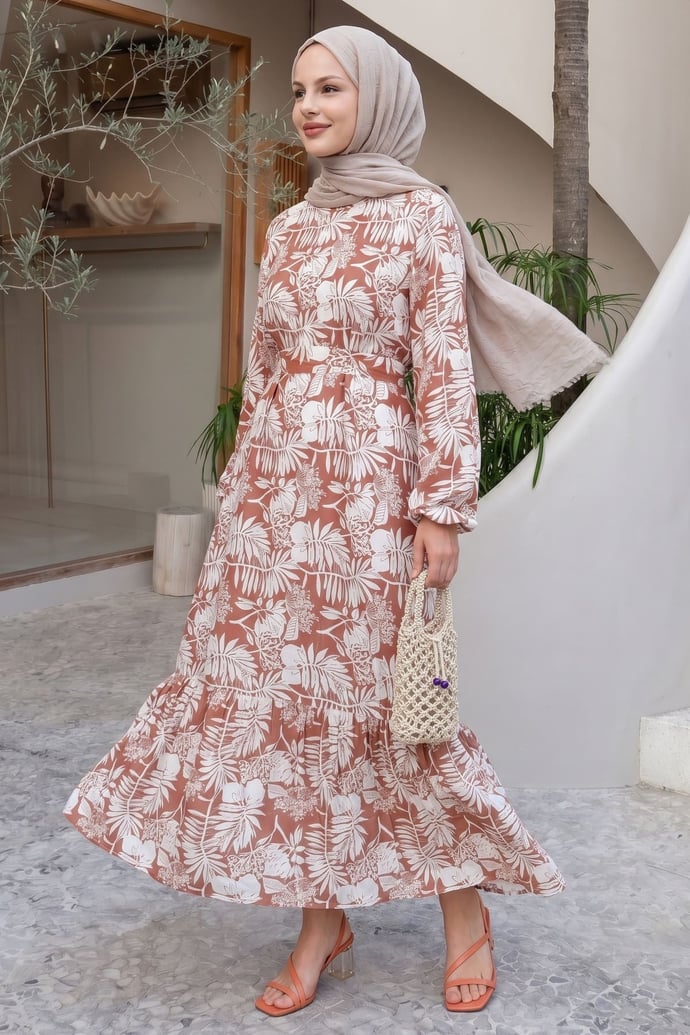 Palm Leaf Print Salmon Viscose Dress