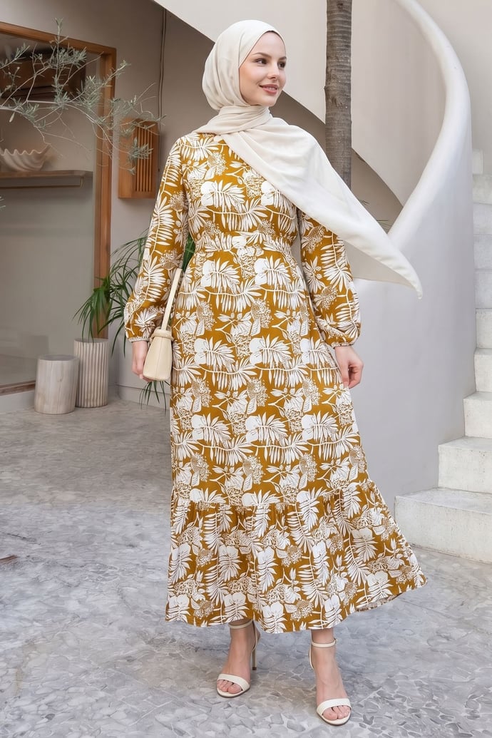 Palm Leaf Print Olive Green Viscose Dress