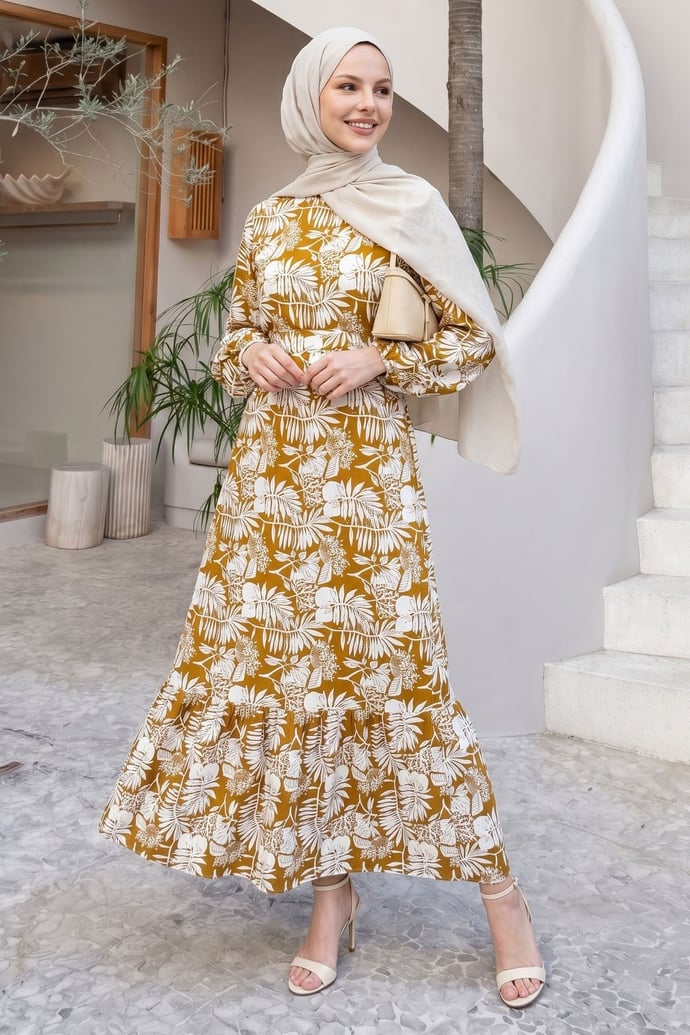Palm Leaf Print Olive Green Viscose Dress