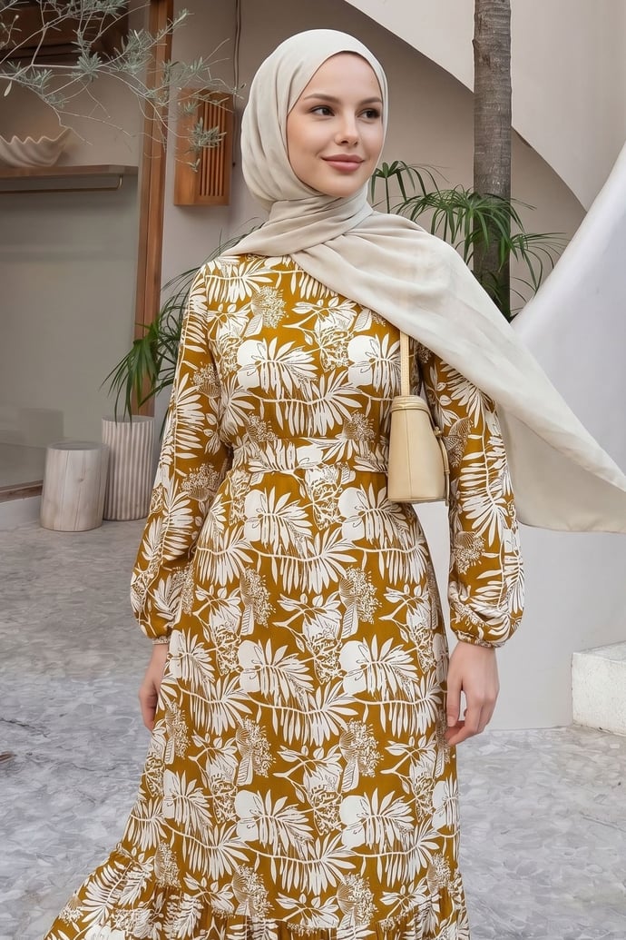 Palm Leaf Print Olive Green Viscose Dress