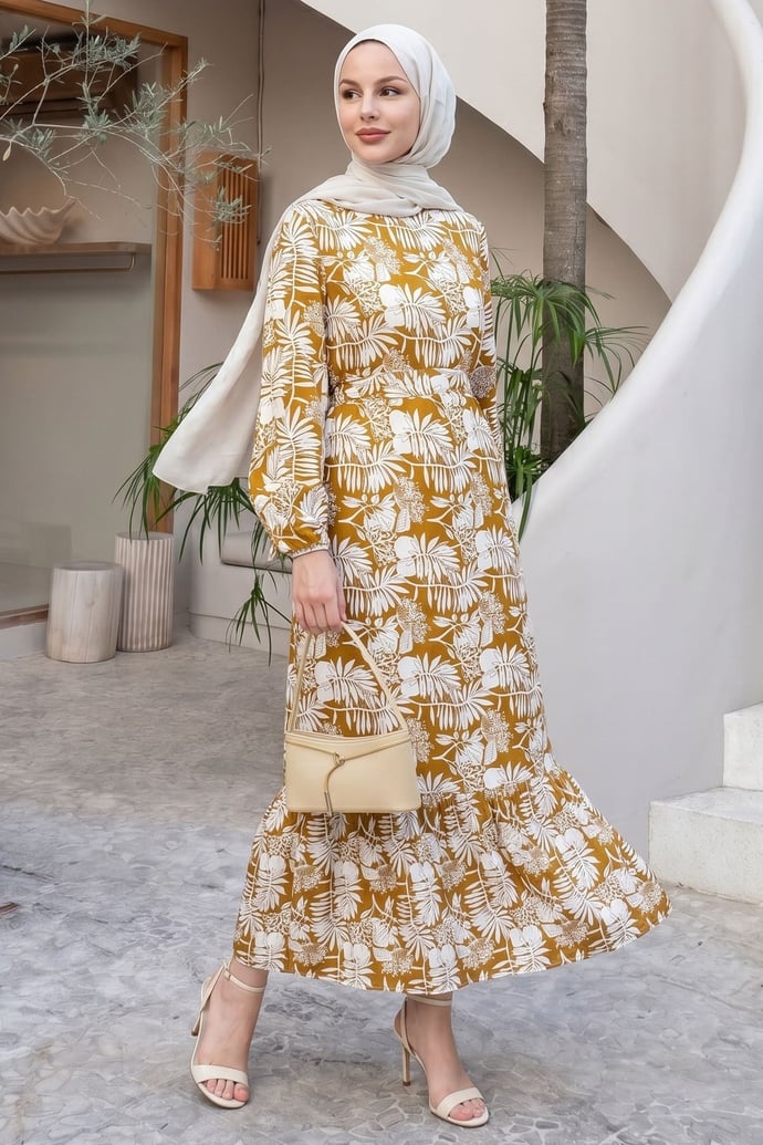Palm Leaf Print Olive Green Viscose Dress