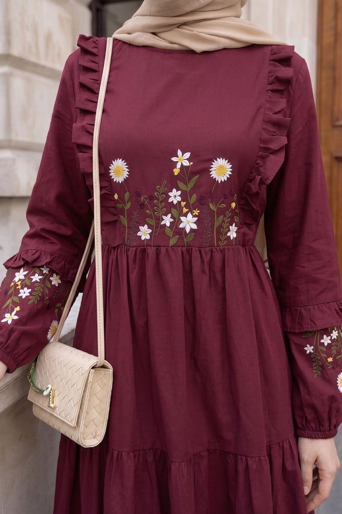 Papatya Nakışlı Bordo Elbise