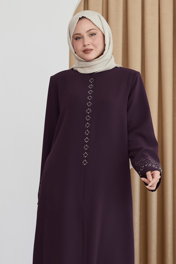 Papatya Taşlı Mor Ferace