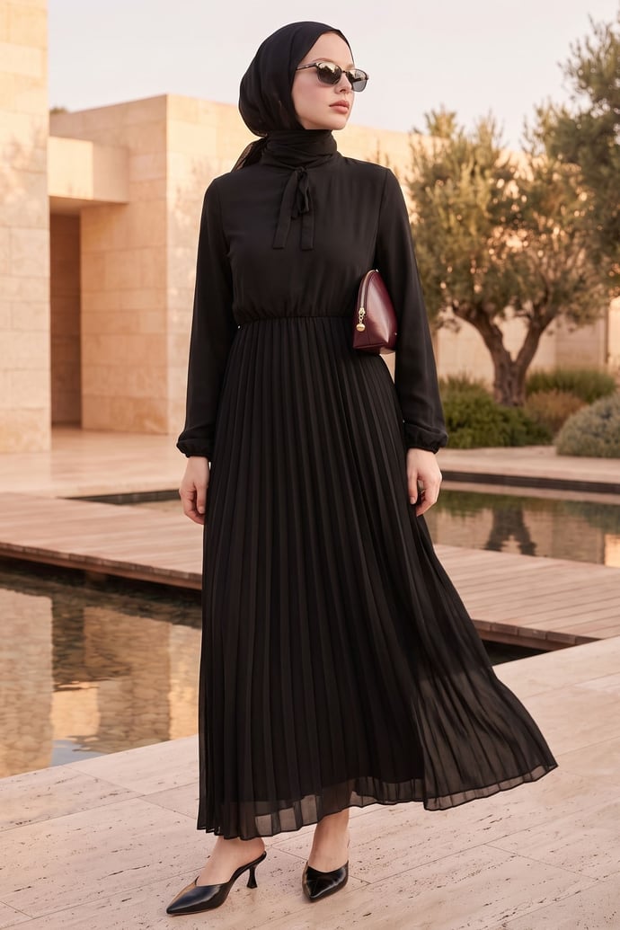 Pleated Limelda Black Chiffon Dress