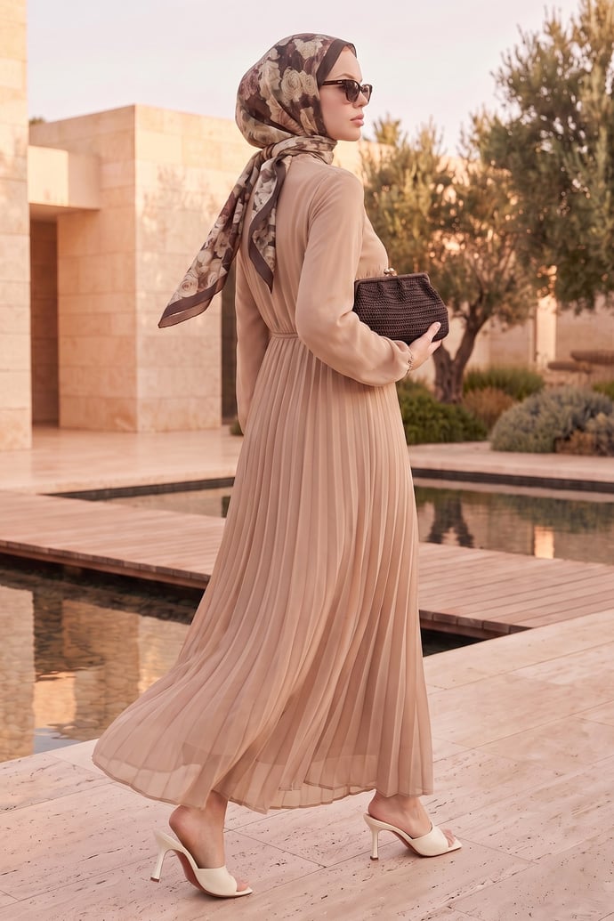 Pleated Limelda Latte Chiffon Dress
