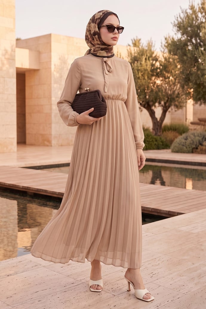 Pleated Limelda Latte Chiffon Dress
