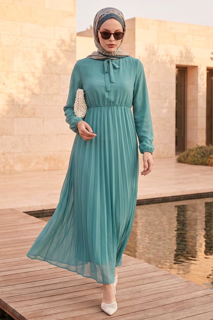 Pleated Limelda Turquoise Chiffon Dress