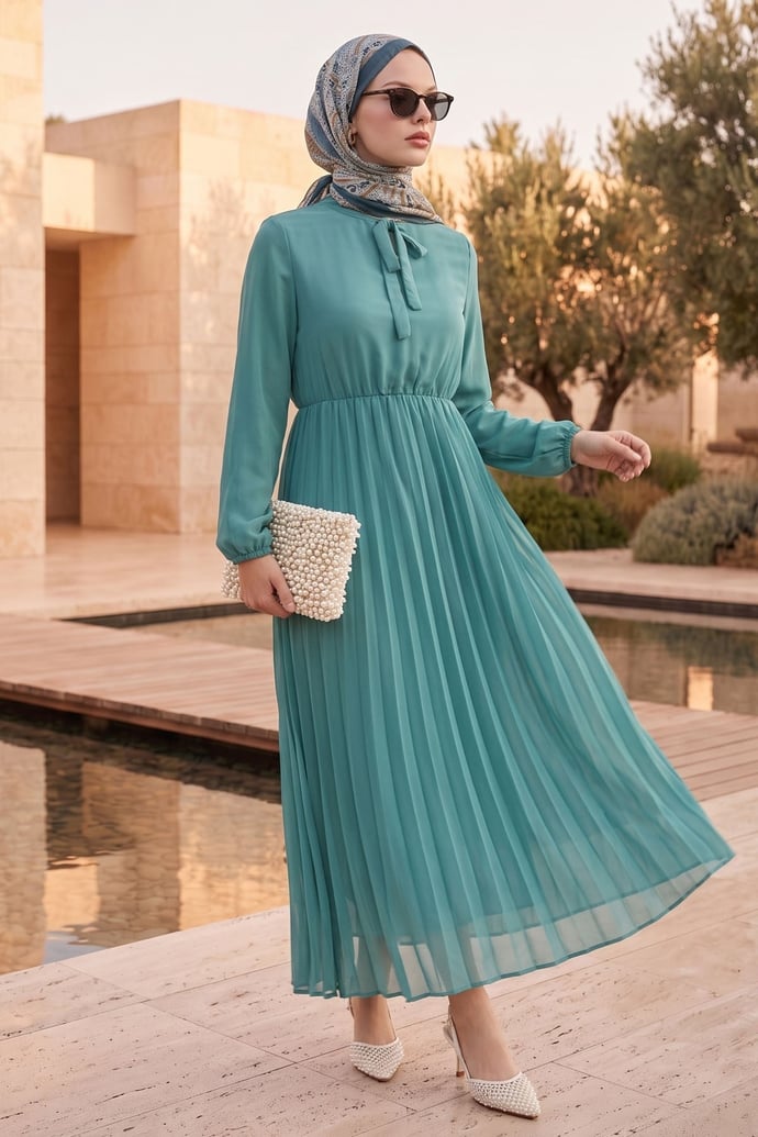 Pleated Limelda Turquoise Chiffon Dress