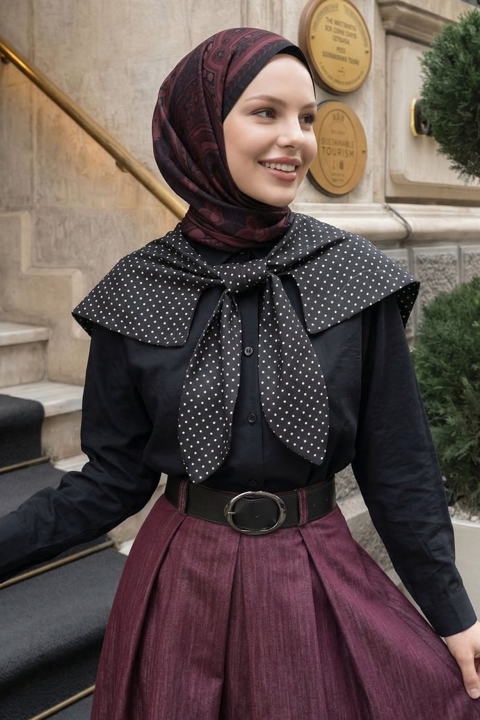 Puantiye Yaka Garnili Siyah Gömlek