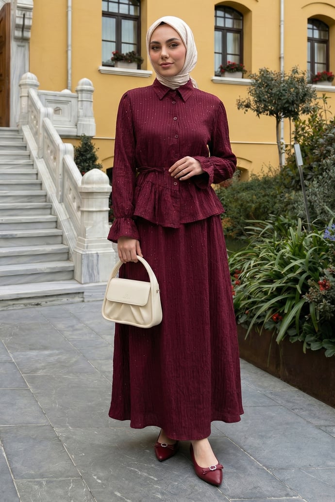 Pullu Gömlekli İkili Bordo Takım