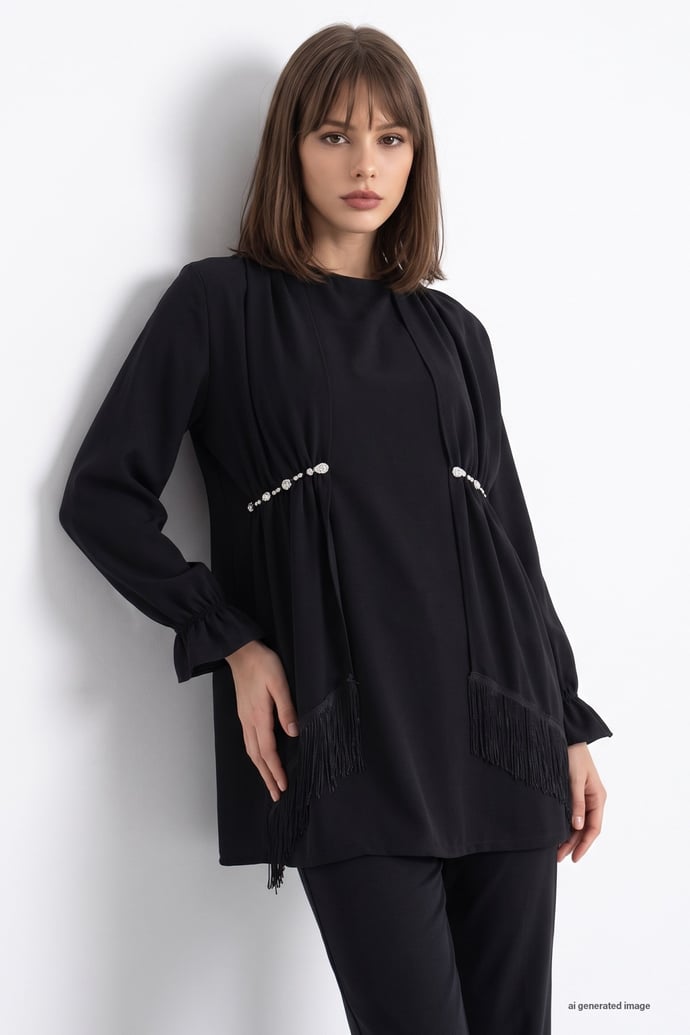 Tassel Detailed Stone Black Crepe Suit
