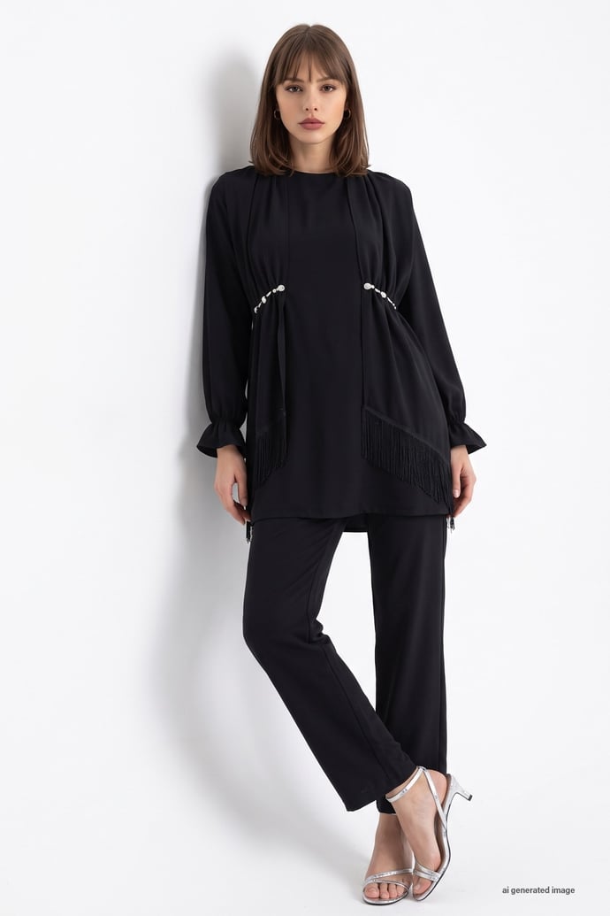 Tassel Detailed Stone Black Crepe Suit