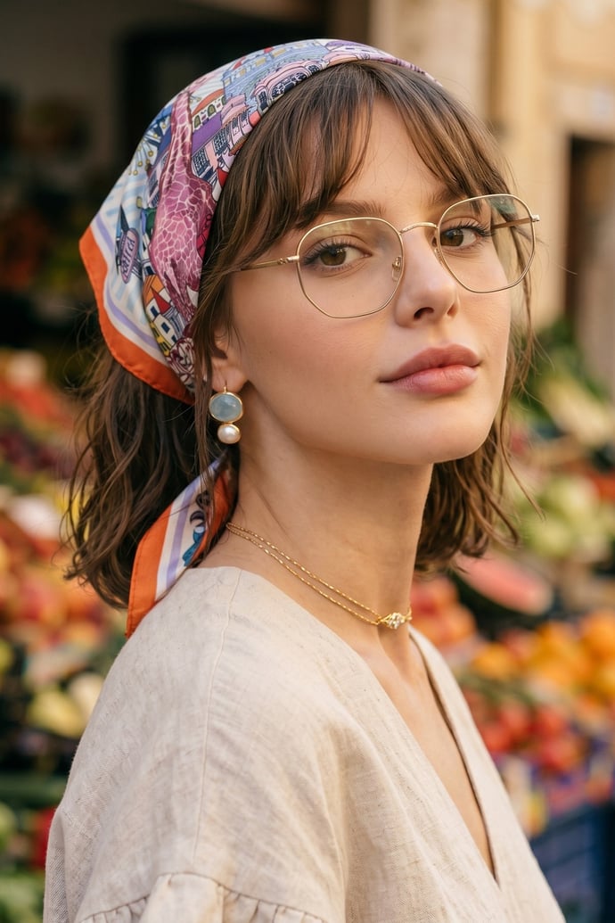 Renkli Desenli Turuncu-Mavi Soft Bandana Fular 50x50
