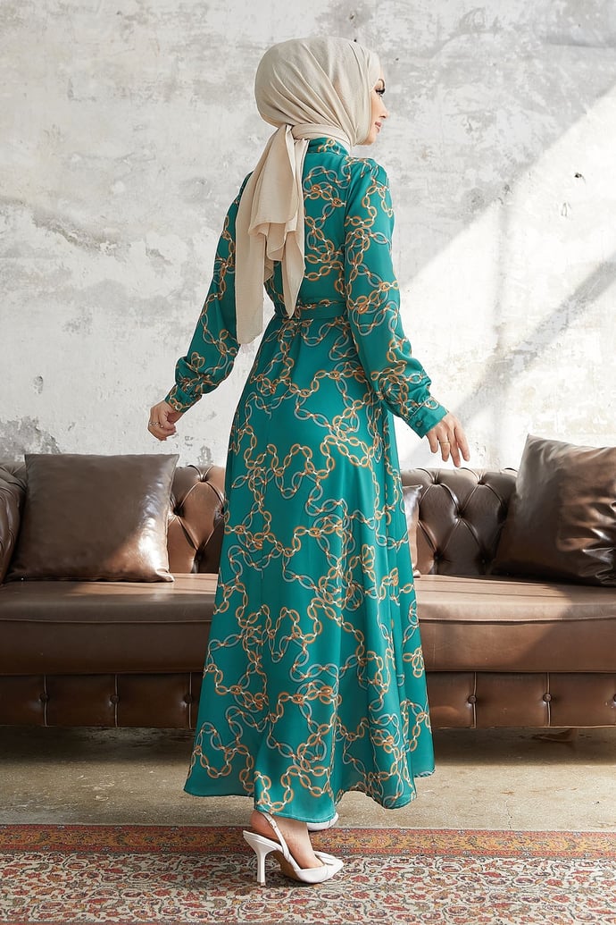 Ruby Chain Patterned Belted Satin Dress - Petrol Green
