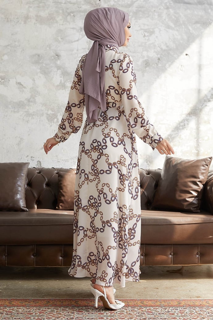 Ruby Chain Patterned Belted Satin Dress - Purple