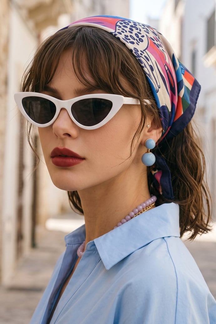 Safari Desenli Saks Mavisi Bandana Fular 50x50