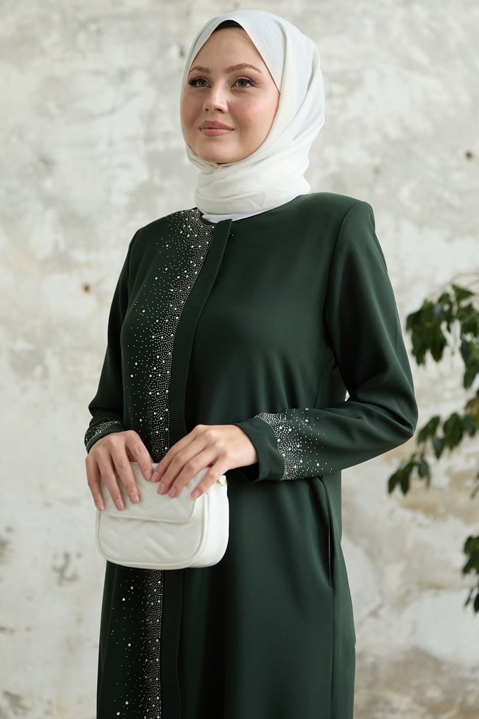 Sağ Kısmı Taş İşlemeli Haki Ferace