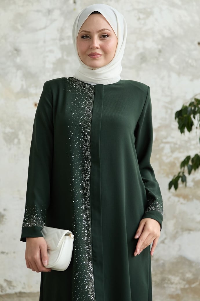 Sağ Kısmı Taş İşlemeli Haki Ferace