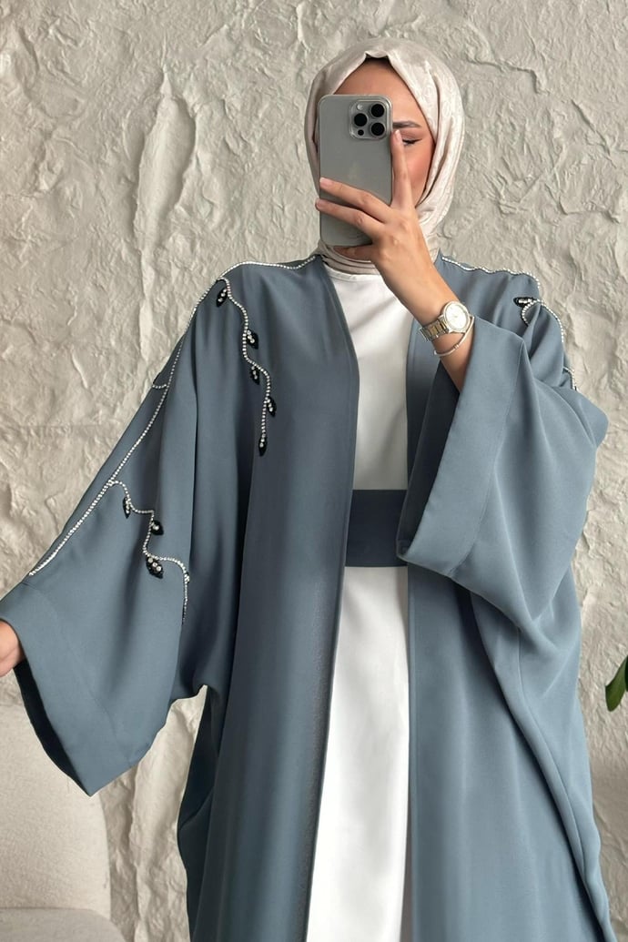 Sarmaşık Desen Taşlı Elbiseli Abaya Mint Yeşili