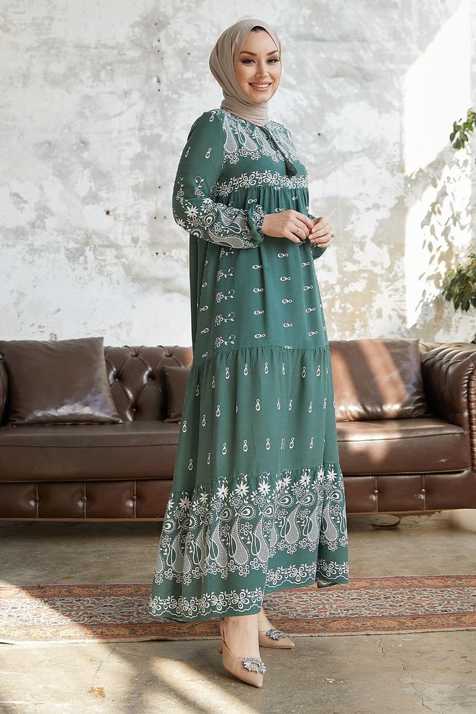 Selva Tassel Front Patterned Mint Viscose Dress