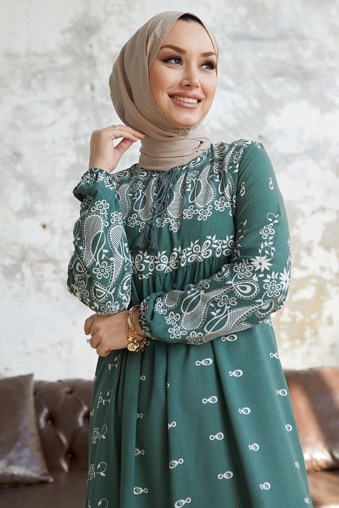Selva Tassel Front Patterned Mint Viscose Dress