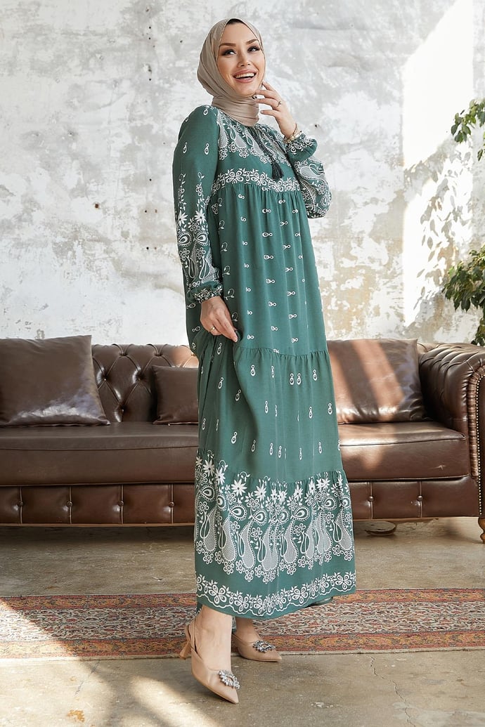 Selva Tassel Front Patterned Mint Viscose Dress