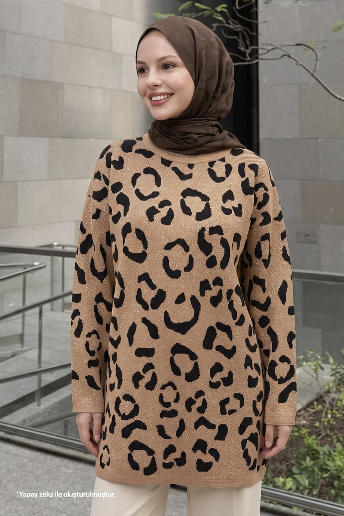 Simli Desenli Camel Triko Kazak