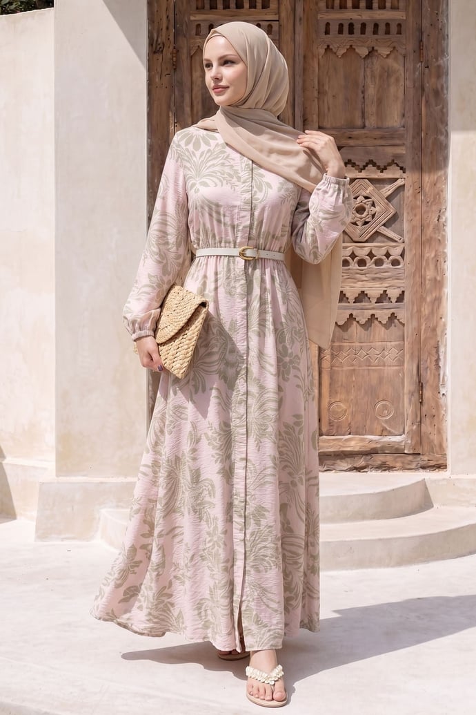 Soft Desenli Kemerli Pudra Elbise