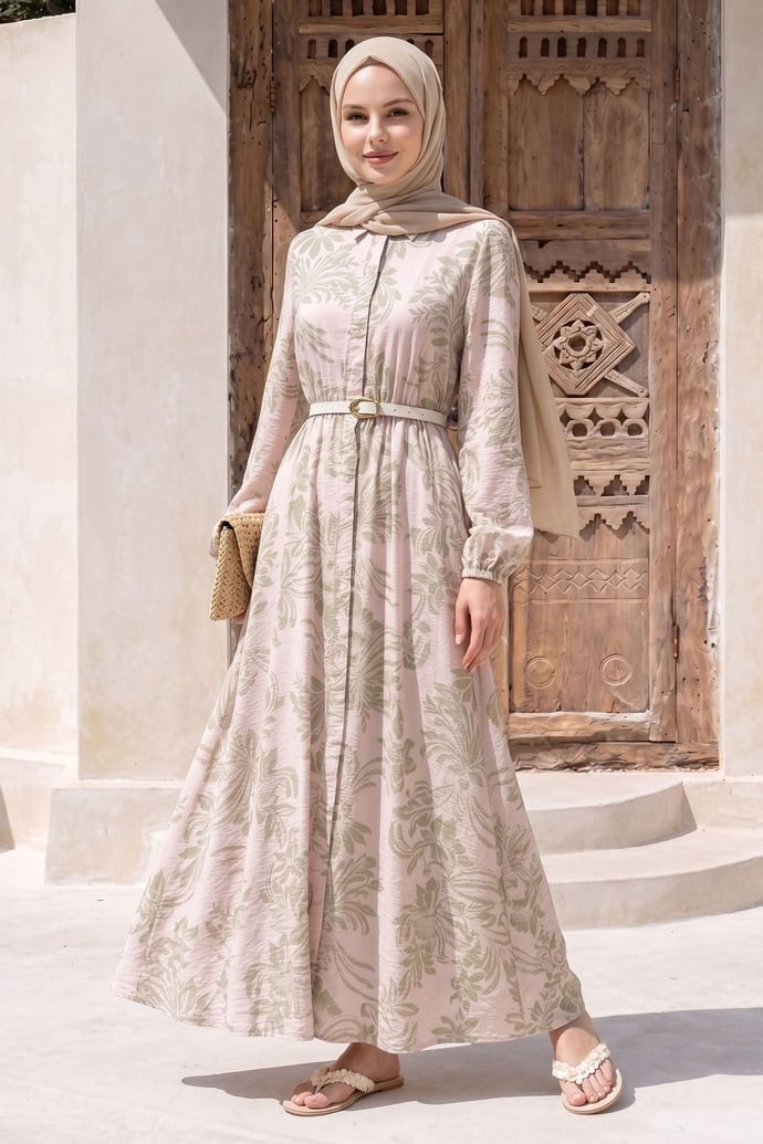 Soft Desenli Kemerli Pudra Elbise