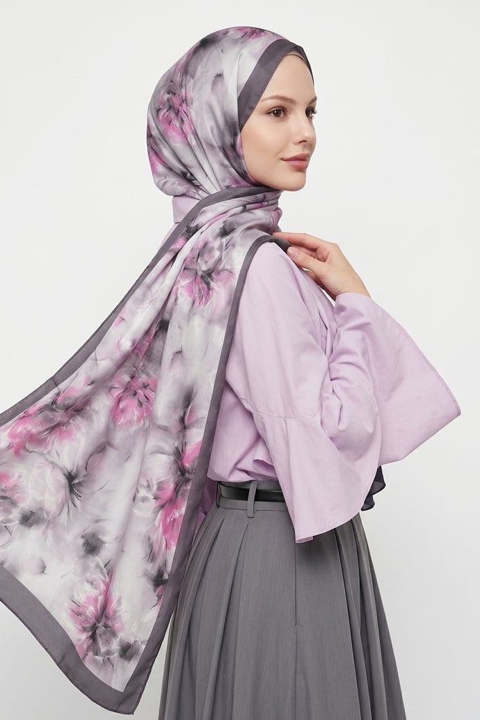 Soyut Çiçek Desen Gri Soft Pamuk Şal
