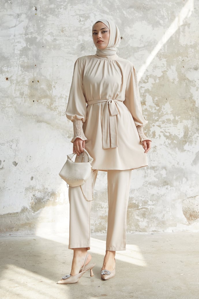 Stone-Detail Balloon Sleeve Satin Suit - Beige