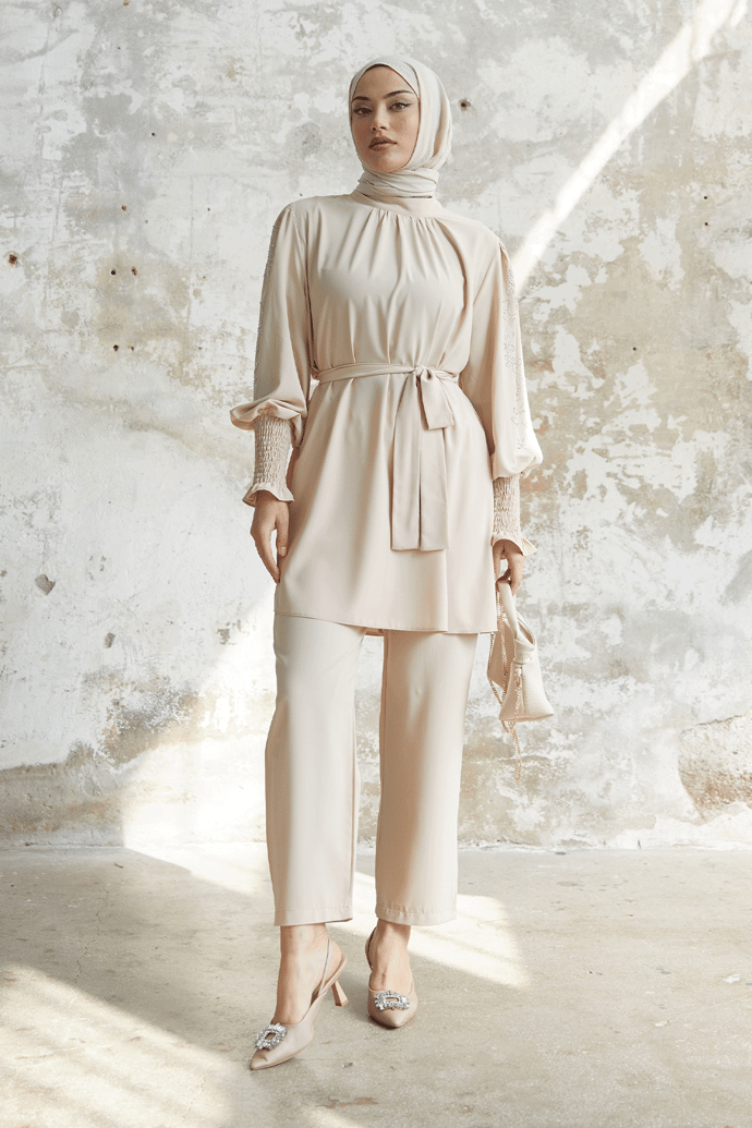 Stone-Detail Balloon Sleeve Satin Suit - Beige