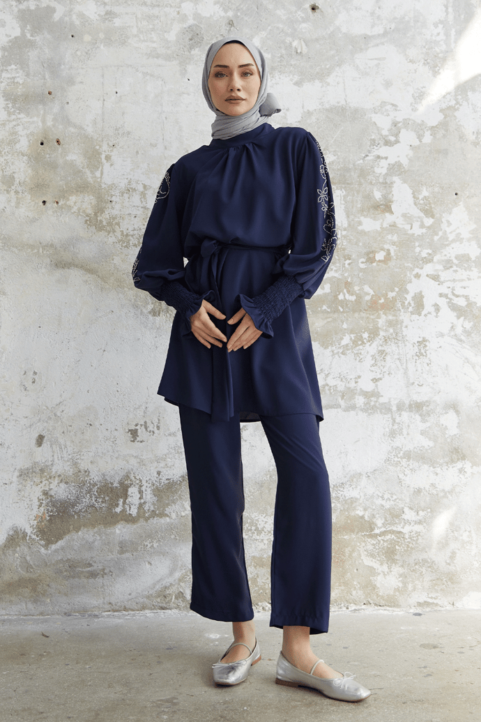 Stone-Detail Balloon Sleeve Satin Suit - Navy