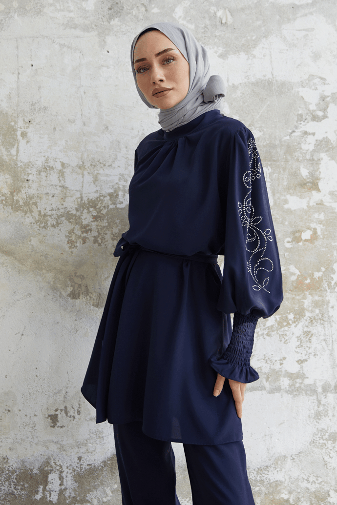 Stone-Detail Balloon Sleeve Satin Suit - Navy