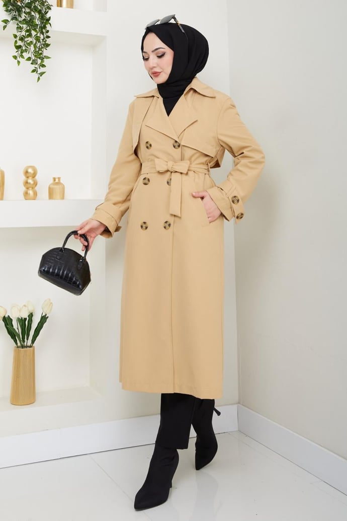 Taşlı Toka Detaylı Astarlı Camel Trençkot