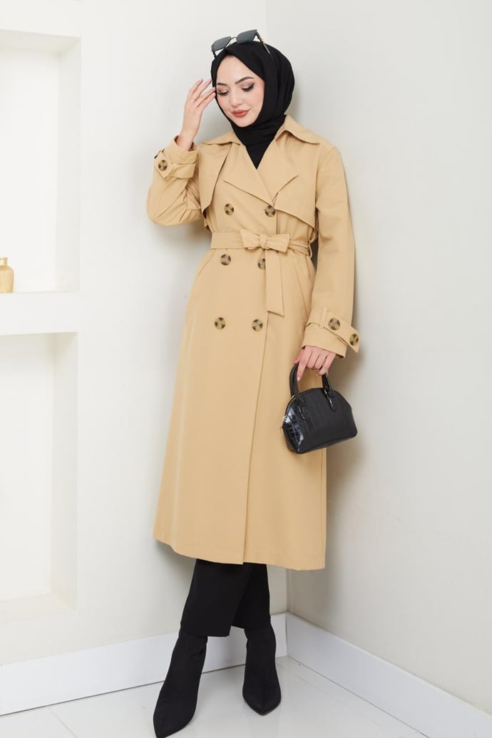 Taşlı Toka Detaylı Astarlı Camel Trençkot