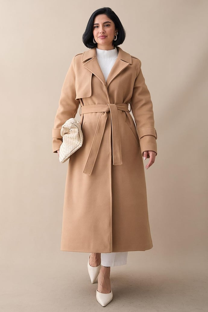 Tek Kapaklı Cepli Kuşaklı Camel Kaşe Kaban