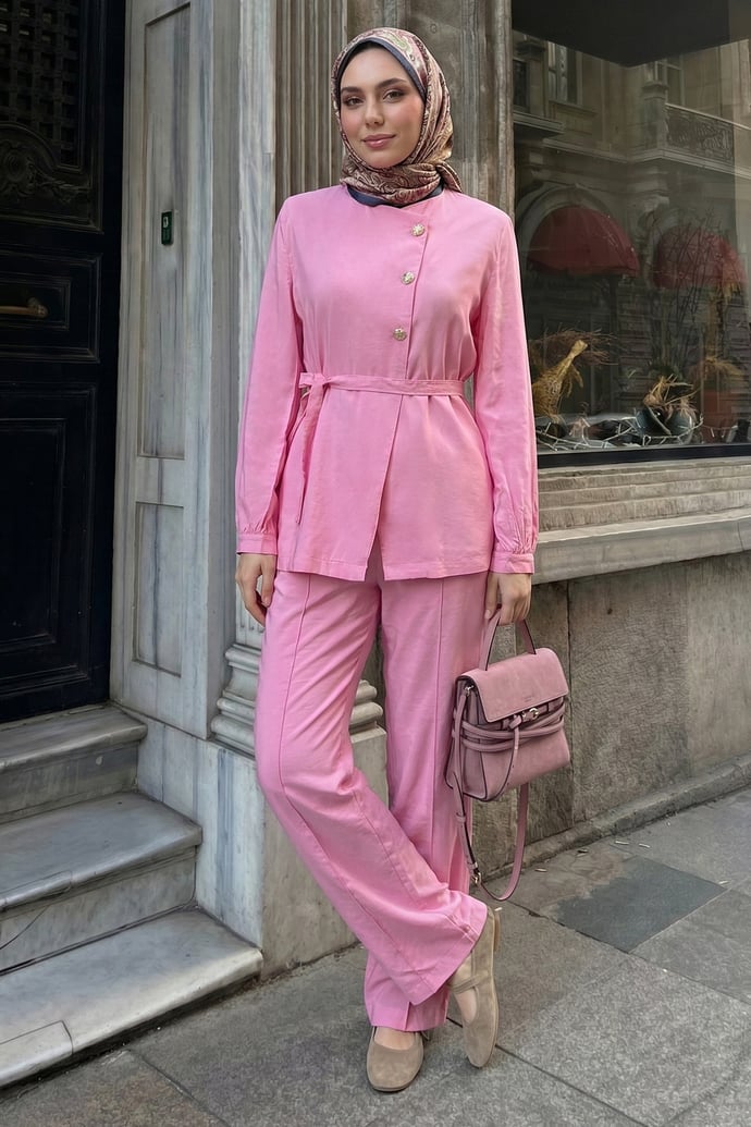 Üç Düğmeli Kuşaklı Pembe Modal Takım